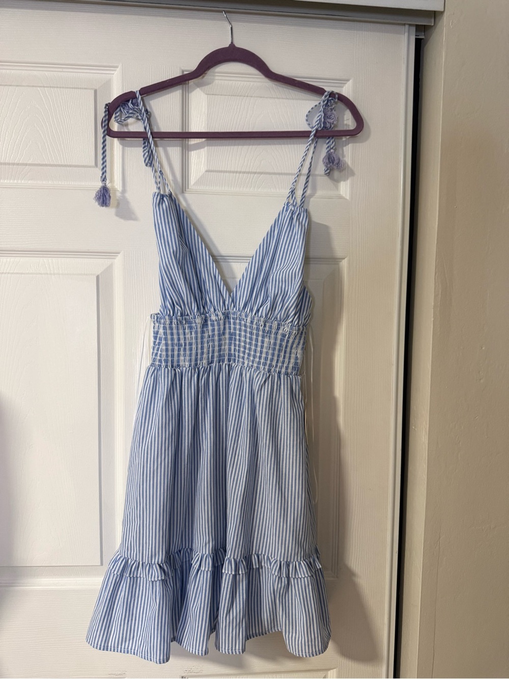 Blue and White Striped Tie-Shoulder Mini Dress